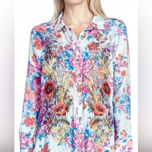 EUC Aratta Silent Journey Embroidered floral print button-down shirt